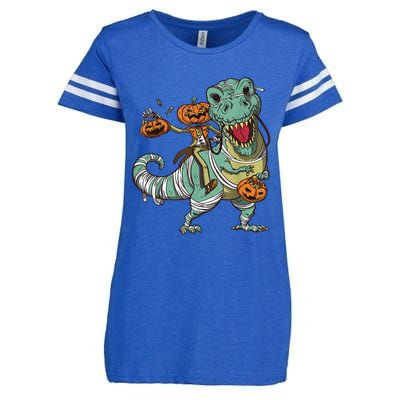 Skeleton Riding Mummy Dinosaur T Rex Pumpkin Funny Halloween Enza Ladies Jersey Football T-Shirt