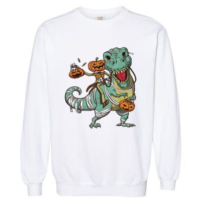 Skeleton Riding Mummy Dinosaur T Rex Pumpkin Funny Halloween Garment-Dyed Sweatshirt