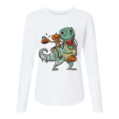 Skeleton Riding Mummy Dinosaur T Rex Pumpkin Funny Halloween Womens Cotton Relaxed Long Sleeve T-Shirt