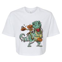 Skeleton Riding Mummy Dinosaur T Rex Pumpkin Funny Halloween Bella+Canvas Jersey Crop Tee