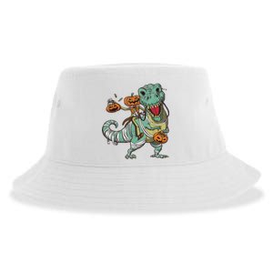 Skeleton Riding Mummy Dinosaur T Rex Pumpkin Funny Halloween Sustainable Bucket Hat