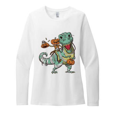 Skeleton Riding Mummy Dinosaur T Rex Pumpkin Funny Halloween Womens CVC Long Sleeve Shirt