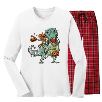 Skeleton Riding Mummy Dinosaur T Rex Pumpkin Funny Halloween Women's Long Sleeve Flannel Pajama Set 