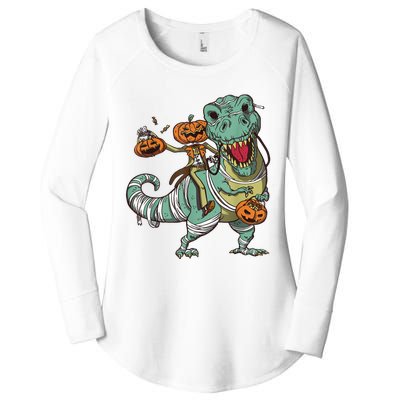 Skeleton Riding Mummy Dinosaur T Rex Pumpkin Funny Halloween Women's Perfect Tri Tunic Long Sleeve Shirt