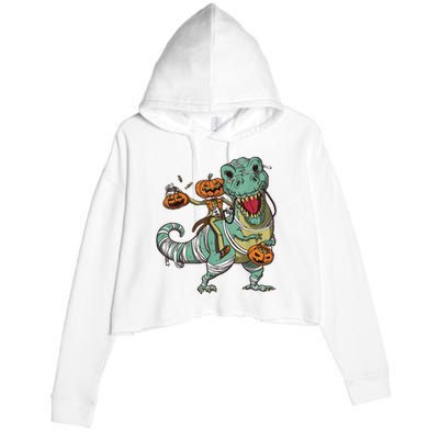 Skeleton Riding Mummy Dinosaur T Rex Pumpkin Funny Halloween Crop Fleece Hoodie