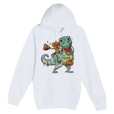 Skeleton Riding Mummy Dinosaur T Rex Pumpkin Funny Halloween Premium Pullover Hoodie