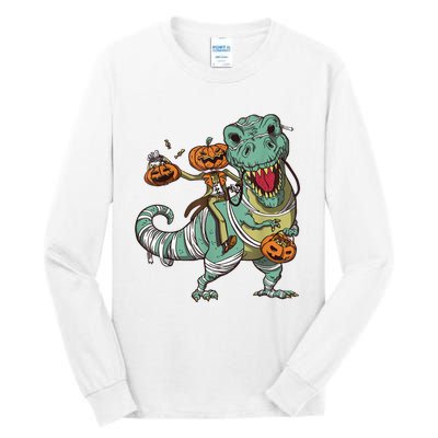 Skeleton Riding Mummy Dinosaur T Rex Pumpkin Funny Halloween Tall Long Sleeve T-Shirt