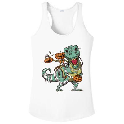 Skeleton Riding Mummy Dinosaur T Rex Pumpkin Funny Halloween Ladies PosiCharge Competitor Racerback Tank