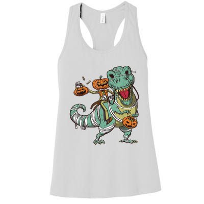 Skeleton Riding Mummy Dinosaur T Rex Pumpkin Funny Halloween Women's Racerback Tank