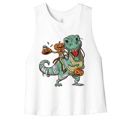 Skeleton Riding Mummy Dinosaur T Rex Pumpkin Funny Halloween Women's Racerback Cropped Tank