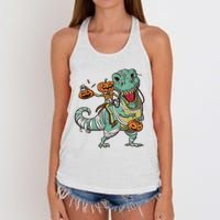 Skeleton Riding Mummy Dinosaur T Rex Pumpkin Funny Halloween Women's Knotted Racerback Tank