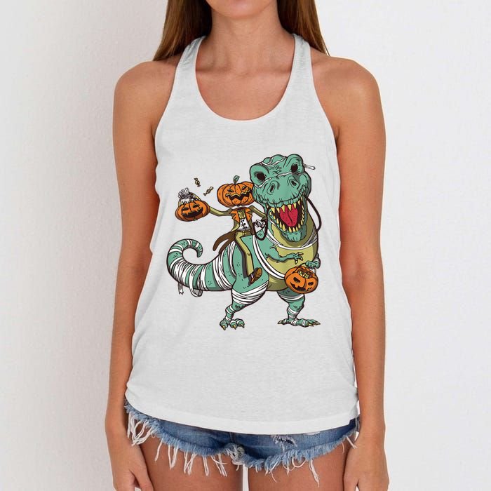 Skeleton Riding Mummy Dinosaur T Rex Pumpkin Funny Halloween Women's Knotted Racerback Tank