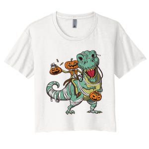 Skeleton Riding Mummy Dinosaur T Rex Pumpkin Funny Halloween Women's Crop Top Tee