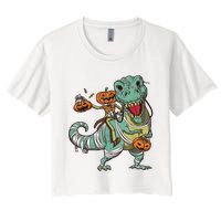 Skeleton Riding Mummy Dinosaur T Rex Pumpkin Funny Halloween Women's Crop Top Tee