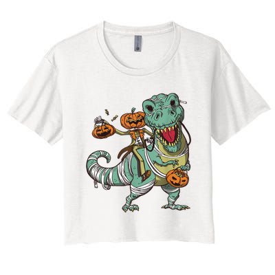 Skeleton Riding Mummy Dinosaur T Rex Pumpkin Funny Halloween Women's Crop Top Tee