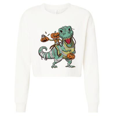 Skeleton Riding Mummy Dinosaur T Rex Pumpkin Funny Halloween Cropped Pullover Crew