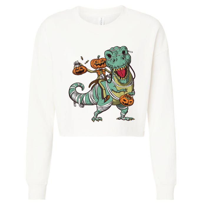 Skeleton Riding Mummy Dinosaur T Rex Pumpkin Funny Halloween Cropped Pullover Crew