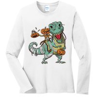 Skeleton Riding Mummy Dinosaur T Rex Pumpkin Funny Halloween Ladies Long Sleeve Shirt