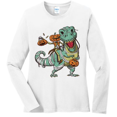 Skeleton Riding Mummy Dinosaur T Rex Pumpkin Funny Halloween Ladies Long Sleeve Shirt