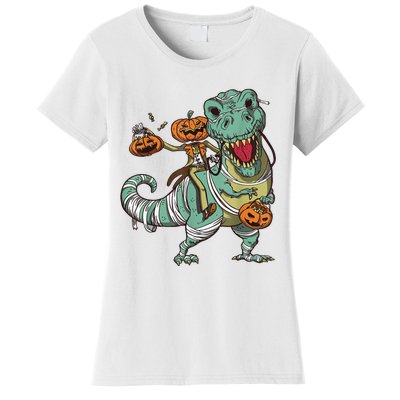 Skeleton Riding Mummy Dinosaur T Rex Pumpkin Funny Halloween Women's T-Shirt