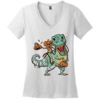 Skeleton Riding Mummy Dinosaur T Rex Pumpkin Funny Halloween Women's V-Neck T-Shirt