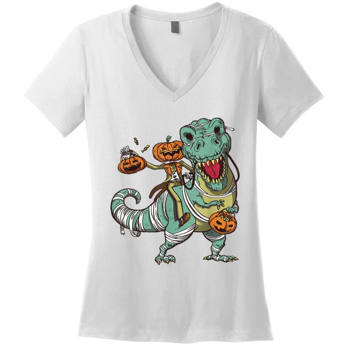 Skeleton Riding Mummy Dinosaur T Rex Pumpkin Funny Halloween Women's V-Neck T-Shirt