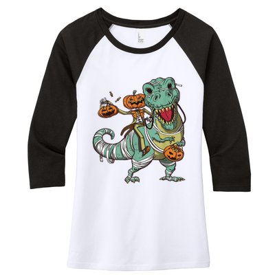 Skeleton Riding Mummy Dinosaur T Rex Pumpkin Funny Halloween Women's Tri-Blend 3/4-Sleeve Raglan Shirt