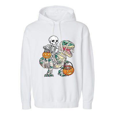 Skeleton Riding Mummy Dinosaur T Rex Halloween Funny Pumpkin Garment-Dyed Fleece Hoodie