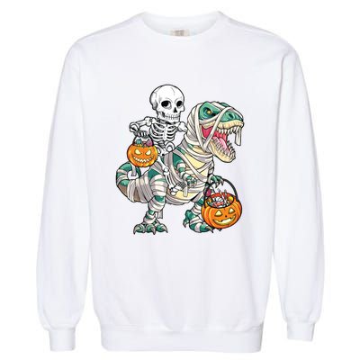 Skeleton Riding Mummy Dinosaur T Rex Halloween Funny Pumpkin Garment-Dyed Sweatshirt