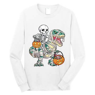 Skeleton Riding Mummy Dinosaur T Rex Halloween Funny Pumpkin Long Sleeve Shirt