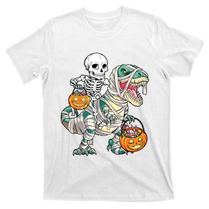 Skeleton Riding Mummy Dinosaur T Rex Halloween Funny Pumpkin T-Shirt