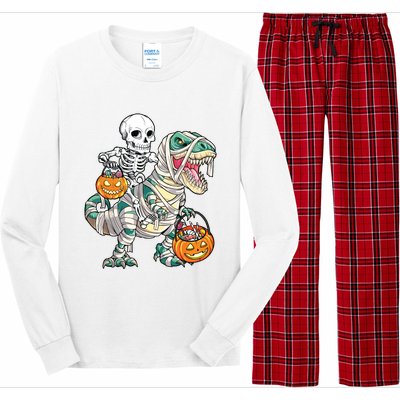 Skeleton Riding Mummy Dinosaur T Rex Halloween Funny Pumpkin Long Sleeve Pajama Set