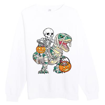 Skeleton Riding Mummy Dinosaur T Rex Halloween Funny Pumpkin Premium Crewneck Sweatshirt