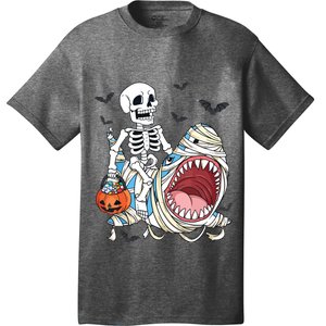 Skeleton Riding Mummy Shark Funny Halloween Pumpkin Kids T-Shirt