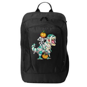 Skeleton Riding Mummy Dinosaur T Rex Halloween Funny Pumpkin City Backpack