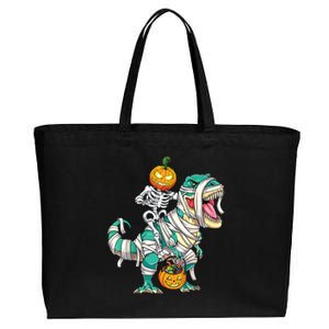 Skeleton Riding Mummy Dinosaur T Rex Halloween Funny Pumpkin Cotton Canvas Jumbo Tote