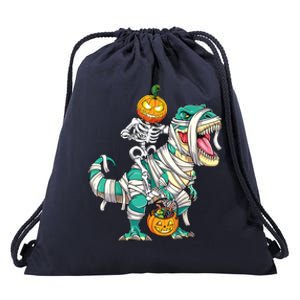 Skeleton Riding Mummy Dinosaur T Rex Halloween Funny Pumpkin Drawstring Bag