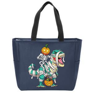 Skeleton Riding Mummy Dinosaur T Rex Halloween Funny Pumpkin Zip Tote Bag