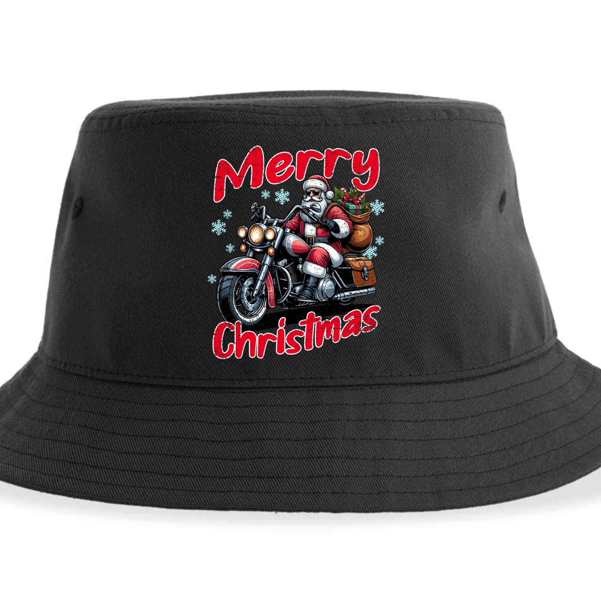Santa Riding Motorcycle Merry Christmas Festive Xmas Holiday Gift Sustainable Bucket Hat