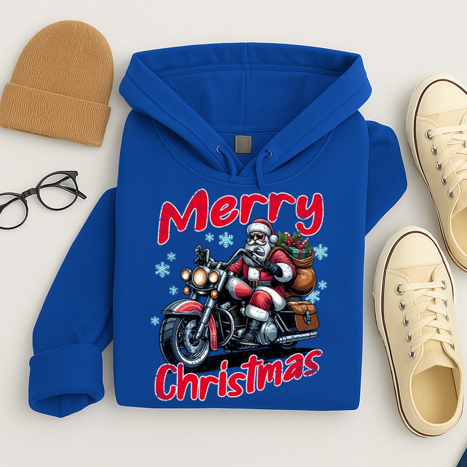 Santa Riding Motorcycle Merry Christmas Festive Xmas Holiday Gift Hoodie