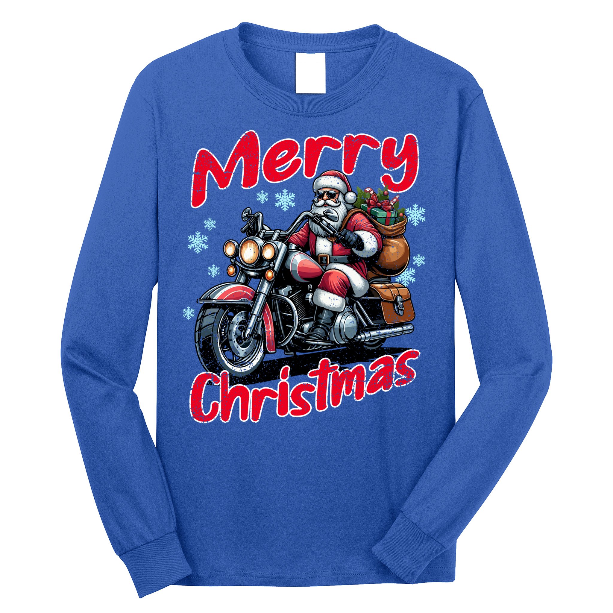 Santa Riding Motorcycle Merry Christmas Festive Xmas Holiday Gift Long Sleeve Shirt