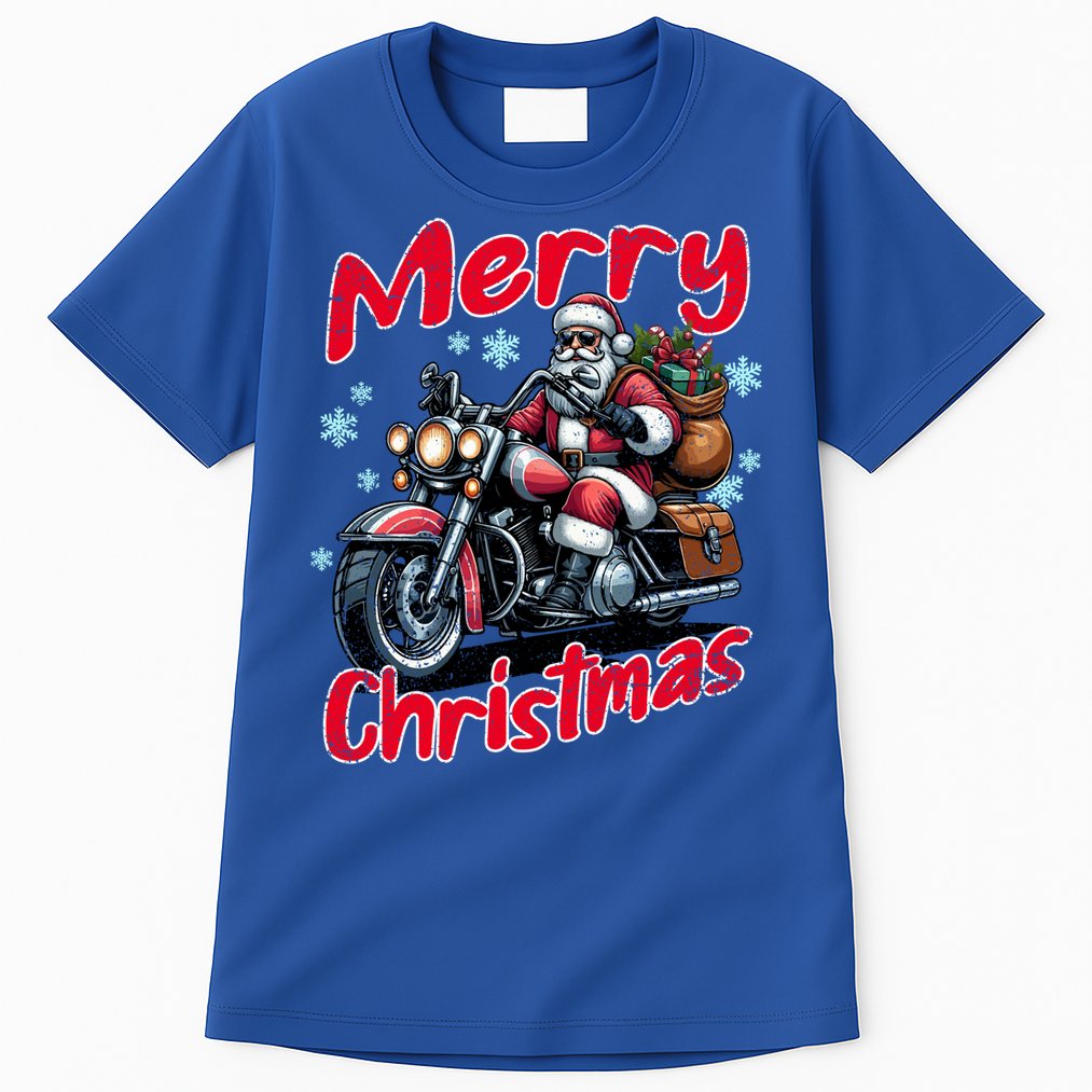 Santa Riding Motorcycle Merry Christmas Festive Xmas Holiday Gift Tall T-Shirt