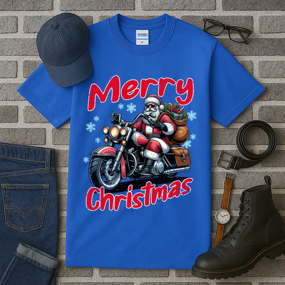 Santa Riding Motorcycle Merry Christmas Festive Xmas Holiday Gift Tall T-Shirt