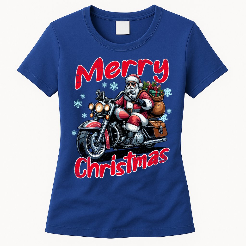 Santa Riding Motorcycle Merry Christmas Festive Xmas Holiday Gift Womens T-Shirt