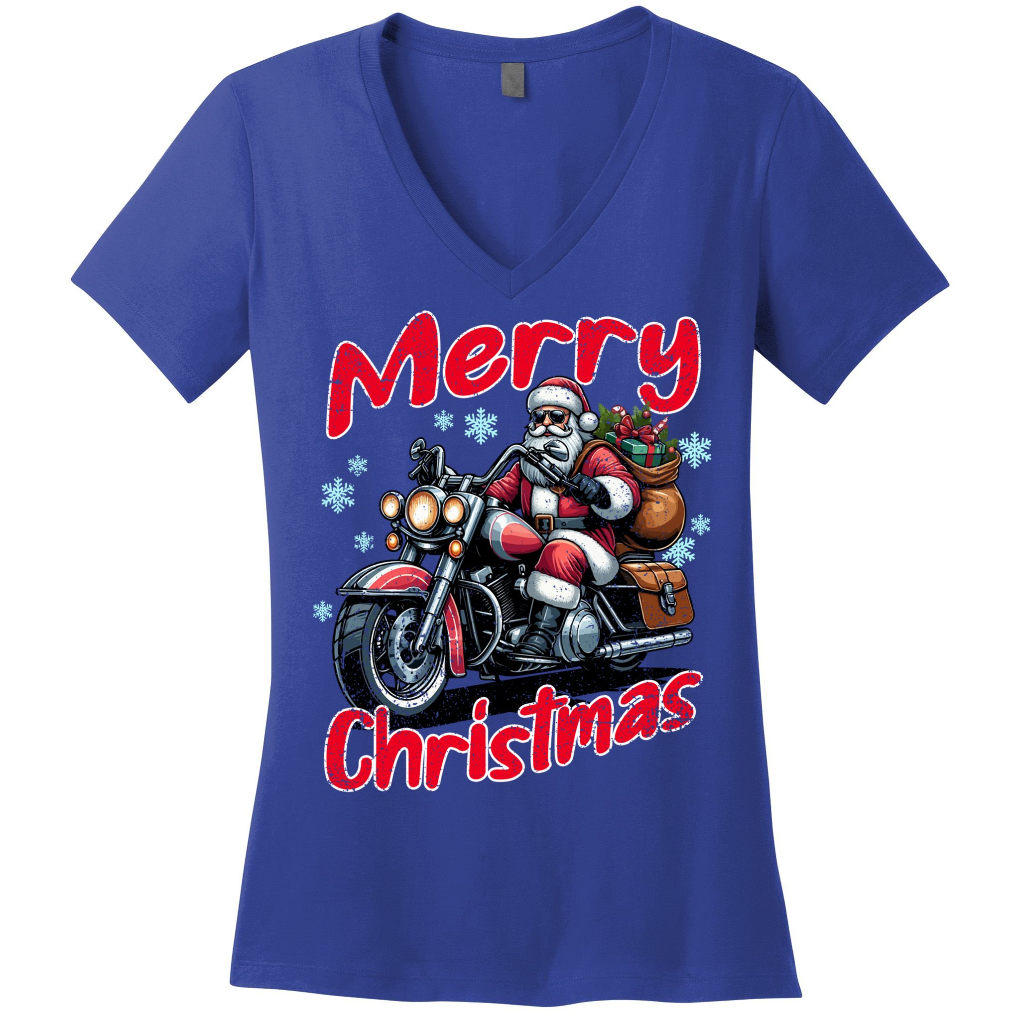 Santa Riding Motorcycle Merry Christmas Festive Xmas Holiday Gift Women's V-Neck T-Shirt