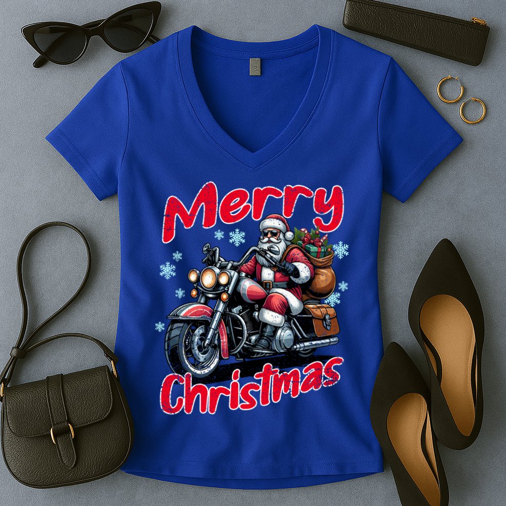 Santa Riding Motorcycle Merry Christmas Festive Xmas Holiday Gift Women's V-Neck T-Shirt