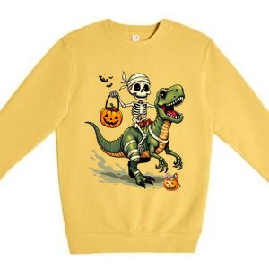 Skeleton Riding Mummy Dinosaur T Rex Halloween Funny Cute Gift Premium Crewneck Sweatshirt