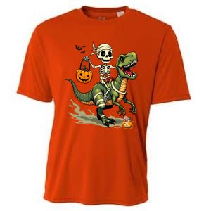 Skeleton Riding Mummy Dinosaur T Rex Halloween Funny Cute Gift Cooling Performance Crew T-Shirt