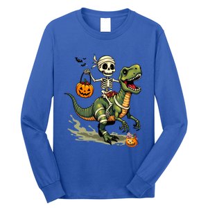 Skeleton Riding Mummy Dinosaur T Rex Halloween Funny Cute Gift Long Sleeve Shirt