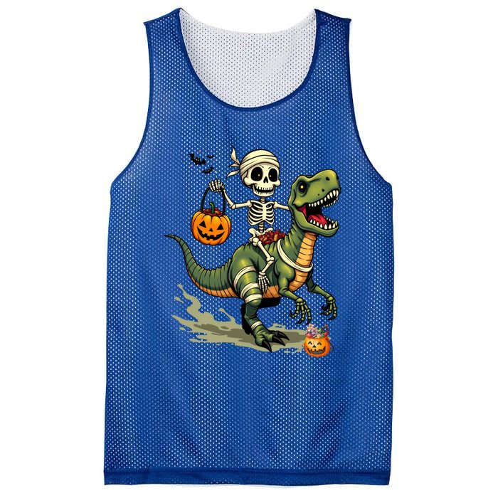 Skeleton Riding Mummy Dinosaur T Rex Halloween Funny Cute Gift Mesh Reversible Basketball Jersey Tank